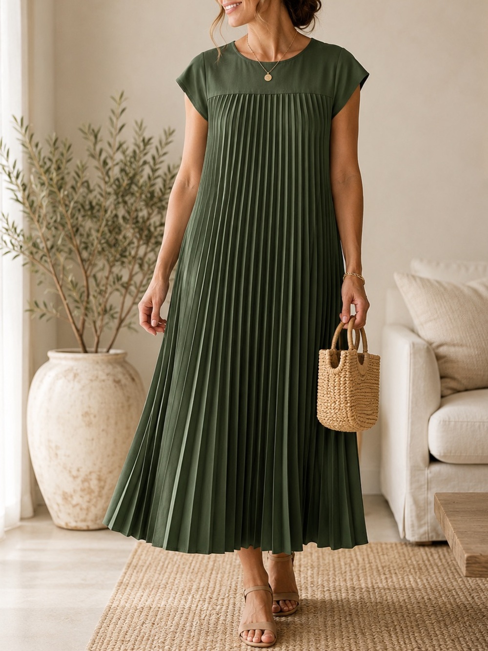 Olive Green Pleated Midi Dress XL Flowy Minimalist Chic